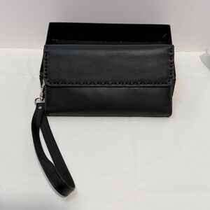 KSF Leather Craft Black Leather Wristlet Wallet Whipstitch Organizer Clutch